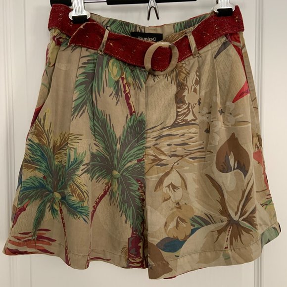 Women's Desigual Red Brown Relaxed High Waist Shorts Tropical Print Size S - Picture 6 of 16